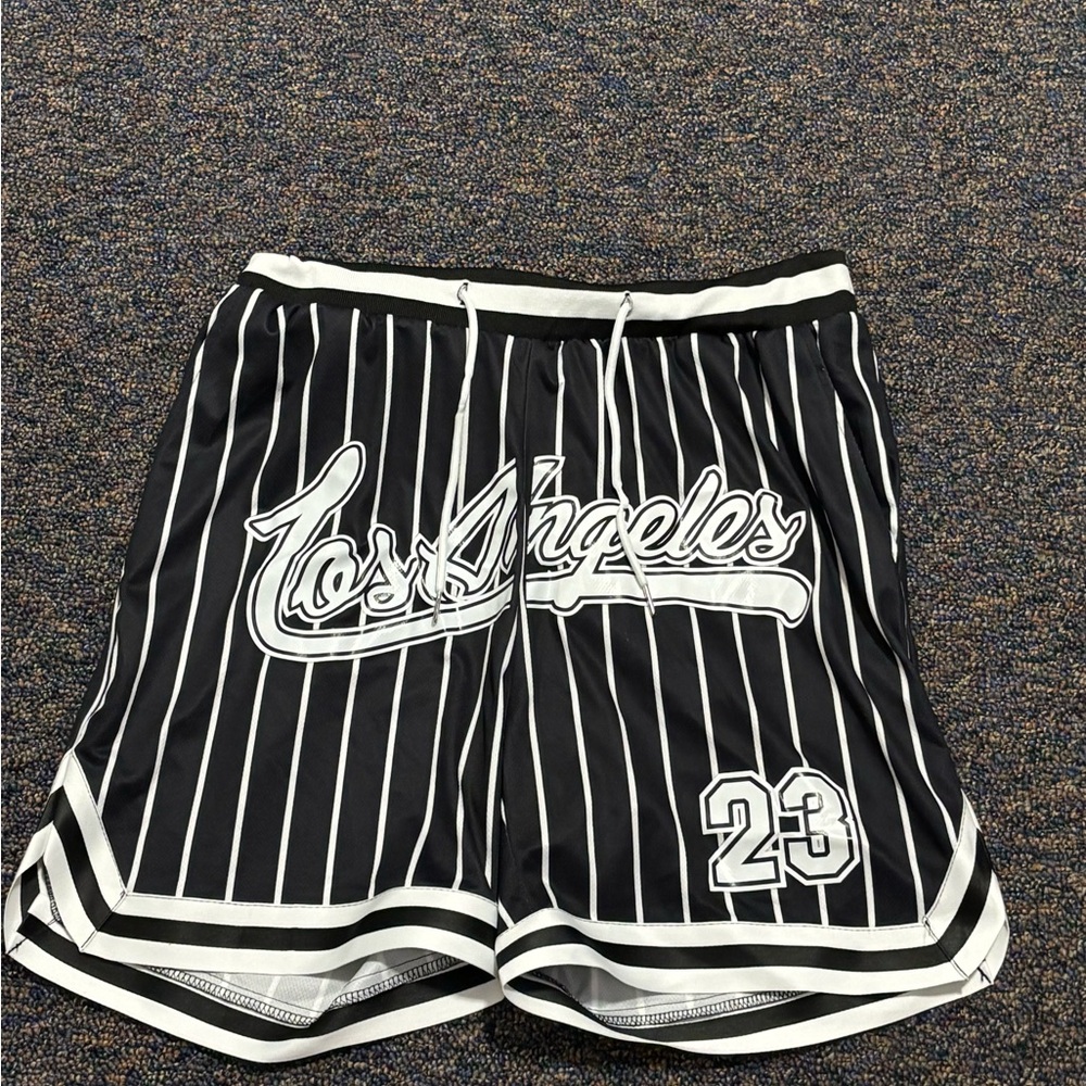 ROMWE Men Black and White Striped Shorts Letter Graphic Mens Size Large